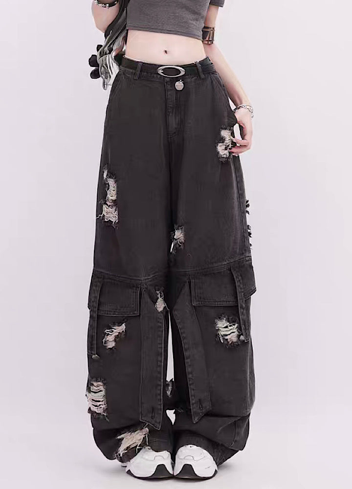 【Rayohopp】Big suspender broad silhouette cargo denim pants  RH0084