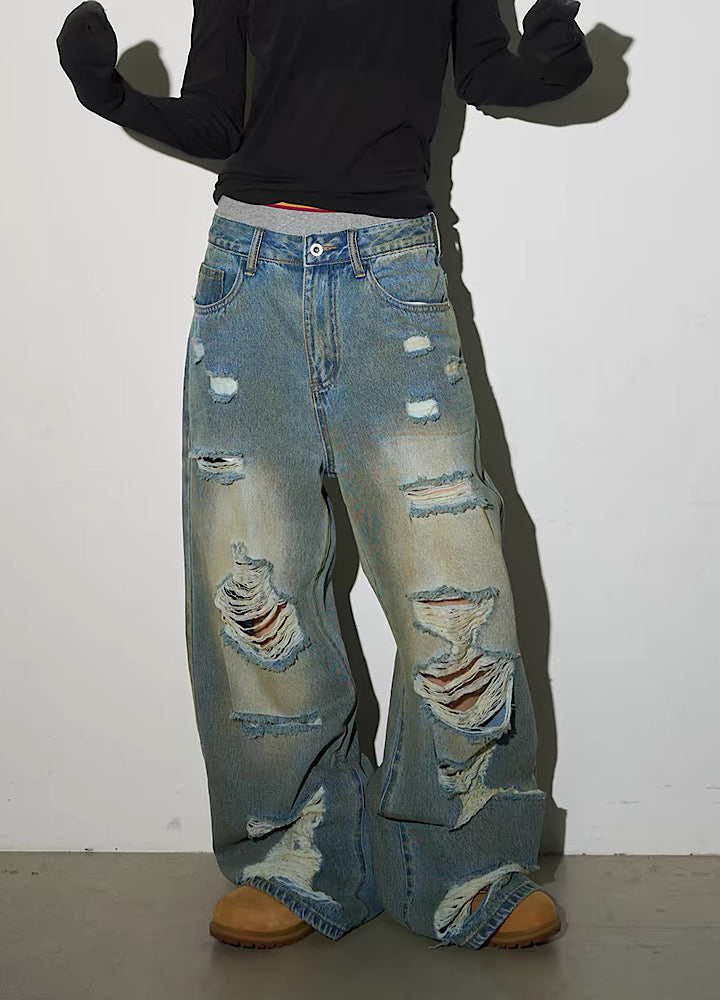 MICHINNYON】Grunge wash vintage-style wide-leg denim pants MY0079 