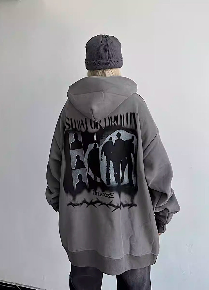 W3] Graphic distortion initial design dull color hoodie