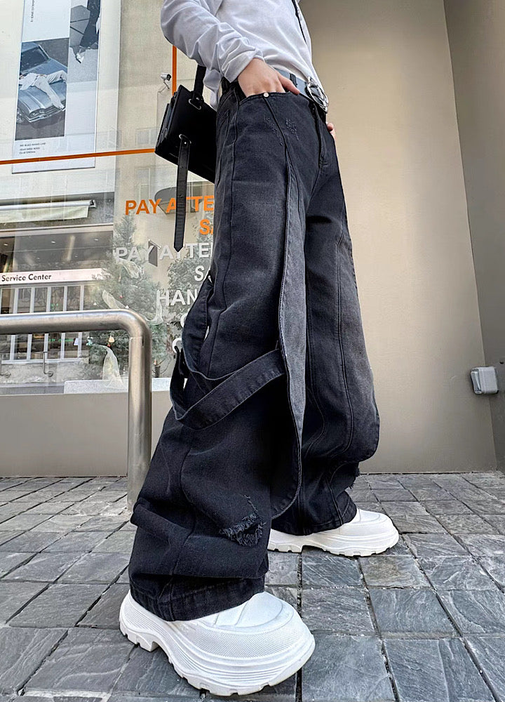 【Mr.city】Multi-design crossover washed denim pants  MC0026