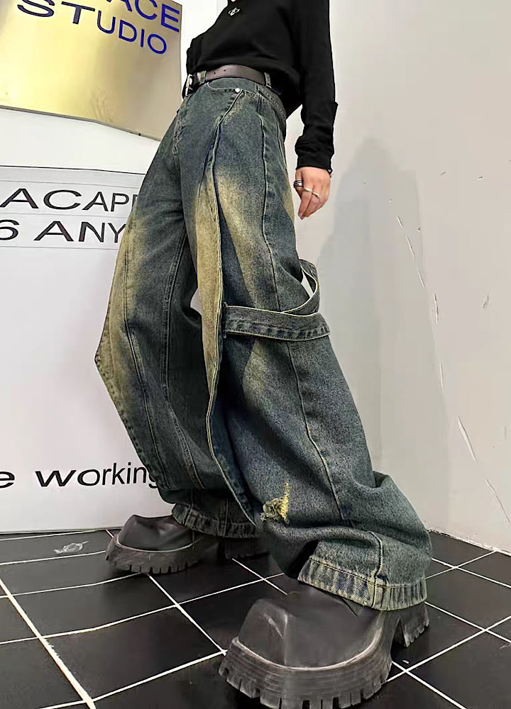[Mr.city] Multi-design crossover washed denim pants MC0026