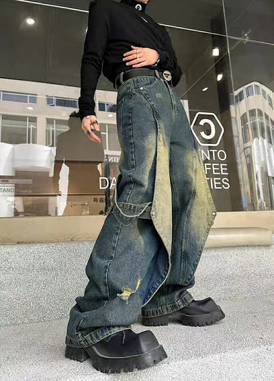 【Mr.city】Multi-design crossover washed denim pants  MC0026