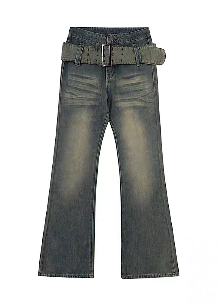 【Rayohopp】Big belt waist mid-wash flare denim pants  RH0090