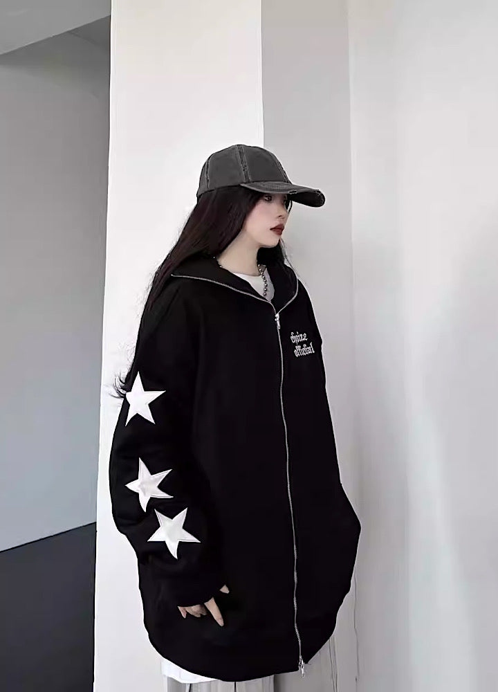 【W3】Sleeve star design casual simple full zip hoodie  WO0024