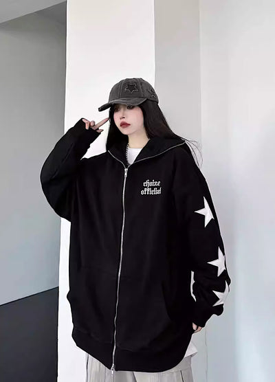 【W3】Sleeve star design casual simple full zip hoodie  WO0024