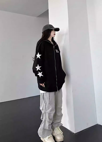 【W3】Sleeve star design casual simple full zip hoodie  WO0024
