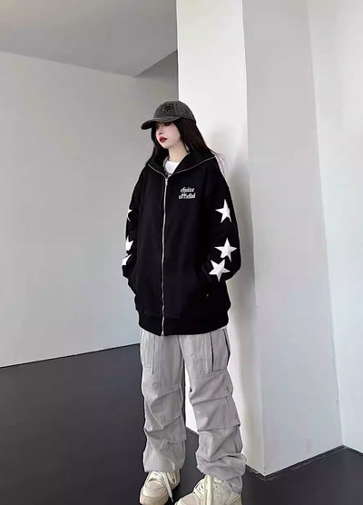 【W3】Sleeve star design casual simple full zip hoodie  WO0024