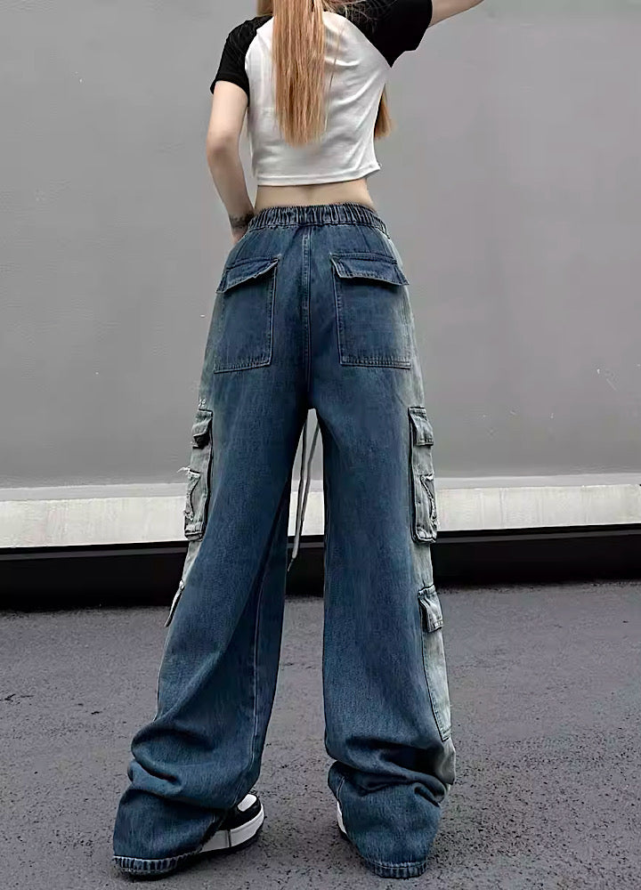 【W3】Side line washed dull over wide denim pants  WO0025