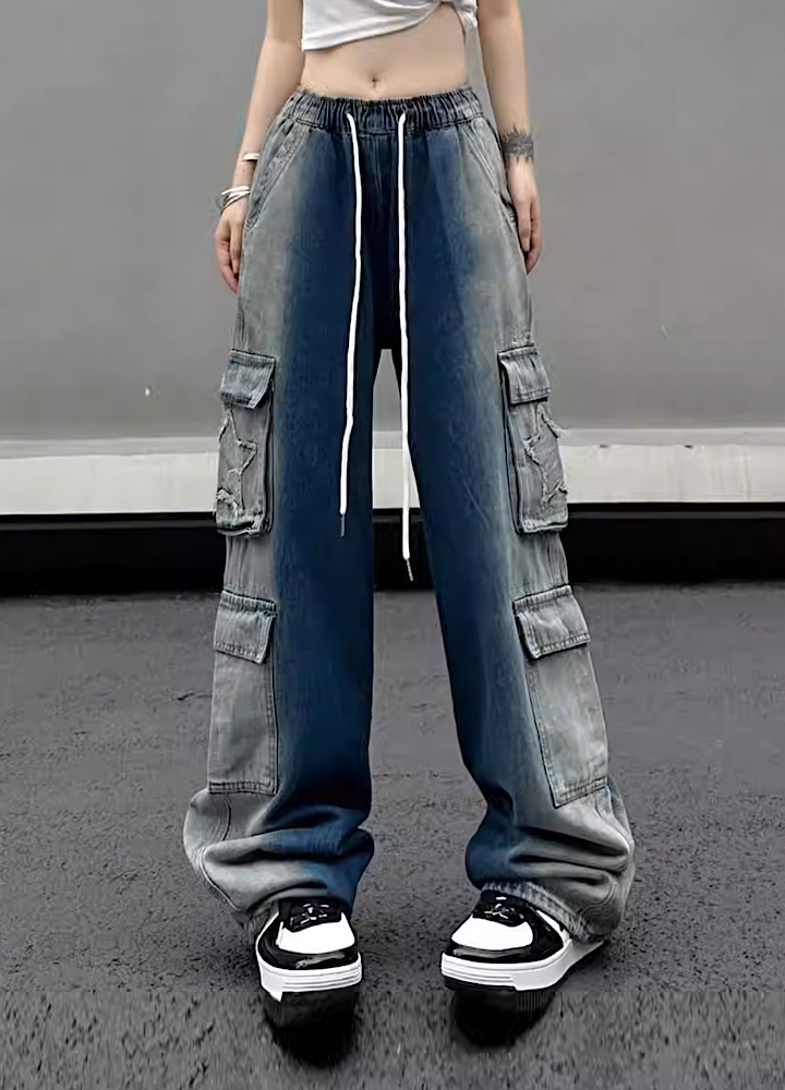 【W3】Side line washed dull over wide denim pants  WO0025