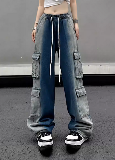 [W3] Side line washed dull over wide denim pants WO0025