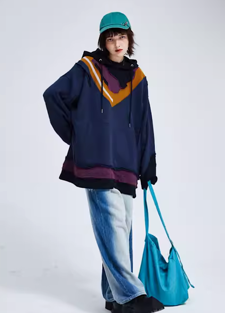 【A SQUARE ROOT】V-neck color line base attachment gimmick hoodie  AR0006