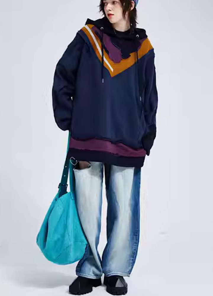 [A SQUARE ROOT]V-neck color line base attachment gimmick hoodie AR0006