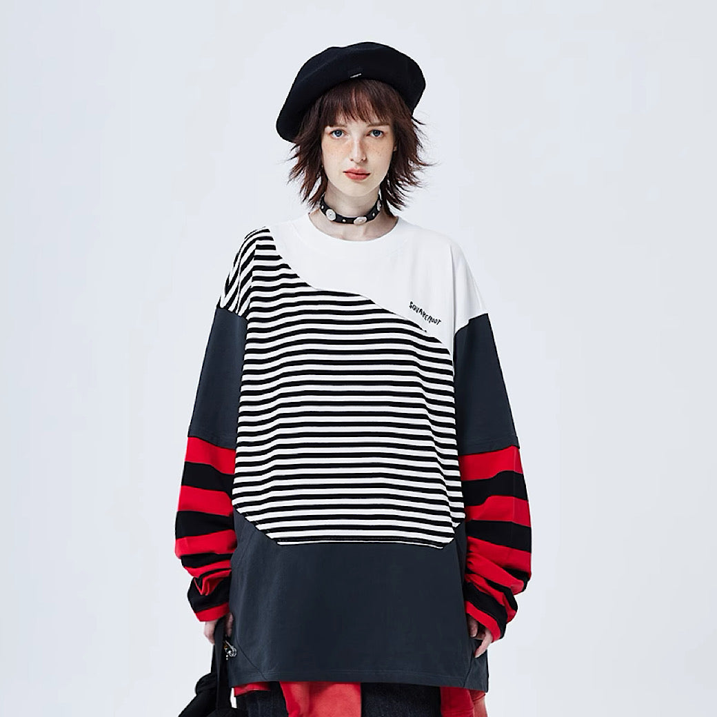 【A SQUARE ROOT】Sleeve Border Multicolor Panic Design Loose T-Shirt  AR0008