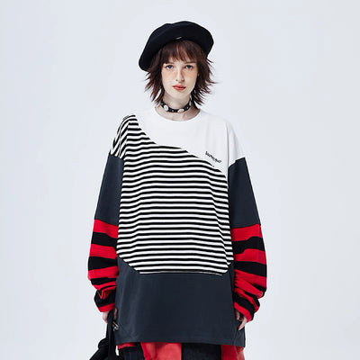 【A SQUARE ROOT】Sleeve Border Multicolor Panic Design Loose T-Shirt  AR0008