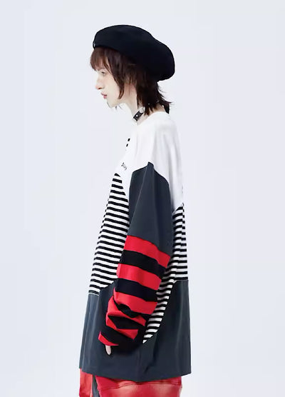 [A SQUARE ROOT] Sleeve Border Multicolor Panic Design Loose T-Shirt AR0008