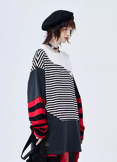 [A SQUARE ROOT] Sleeve Border Multicolor Panic Design Loose T-Shirt AR0008