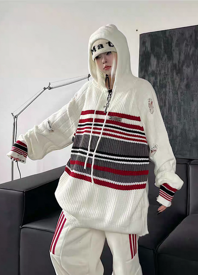 [TR BRUSHSHIFT] Multiple line over mid-damage knit hoodie TB0018