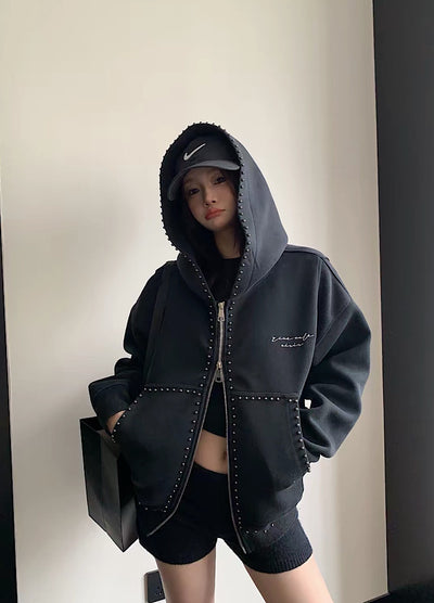 【10/12新作】Studded Edge Distressed Oversized Zip Hoodie  HL3317