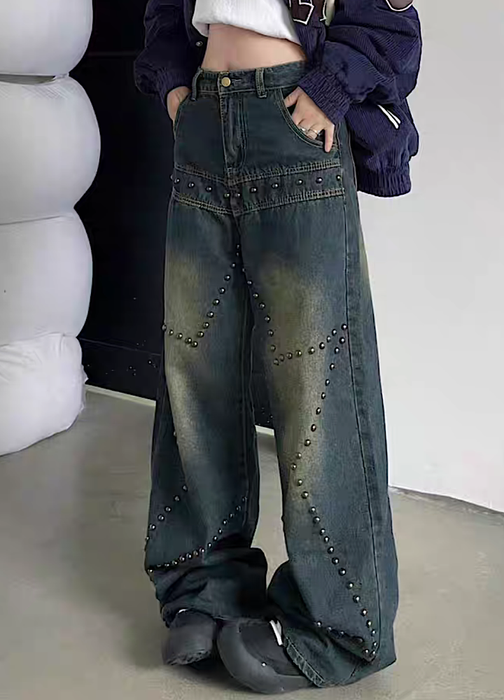 [TR BRUSHSHIFT] Platinum star design grunge cool style denim pants TB0022