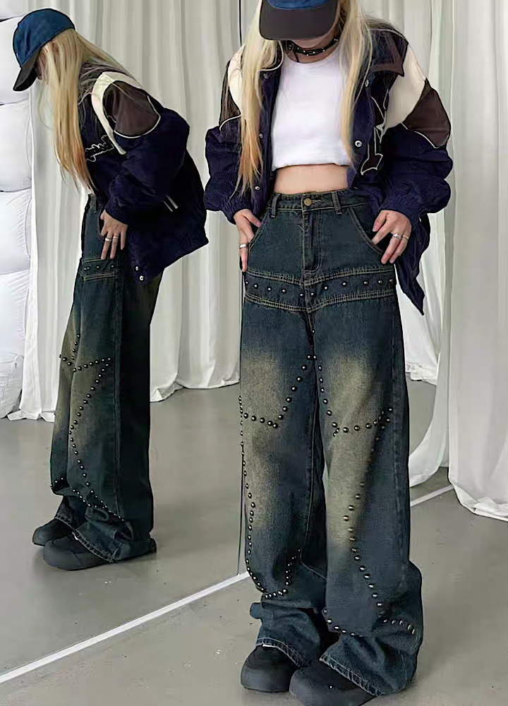 [TR BRUSHSHIFT] Platinum star design grunge cool style denim pants TB0022