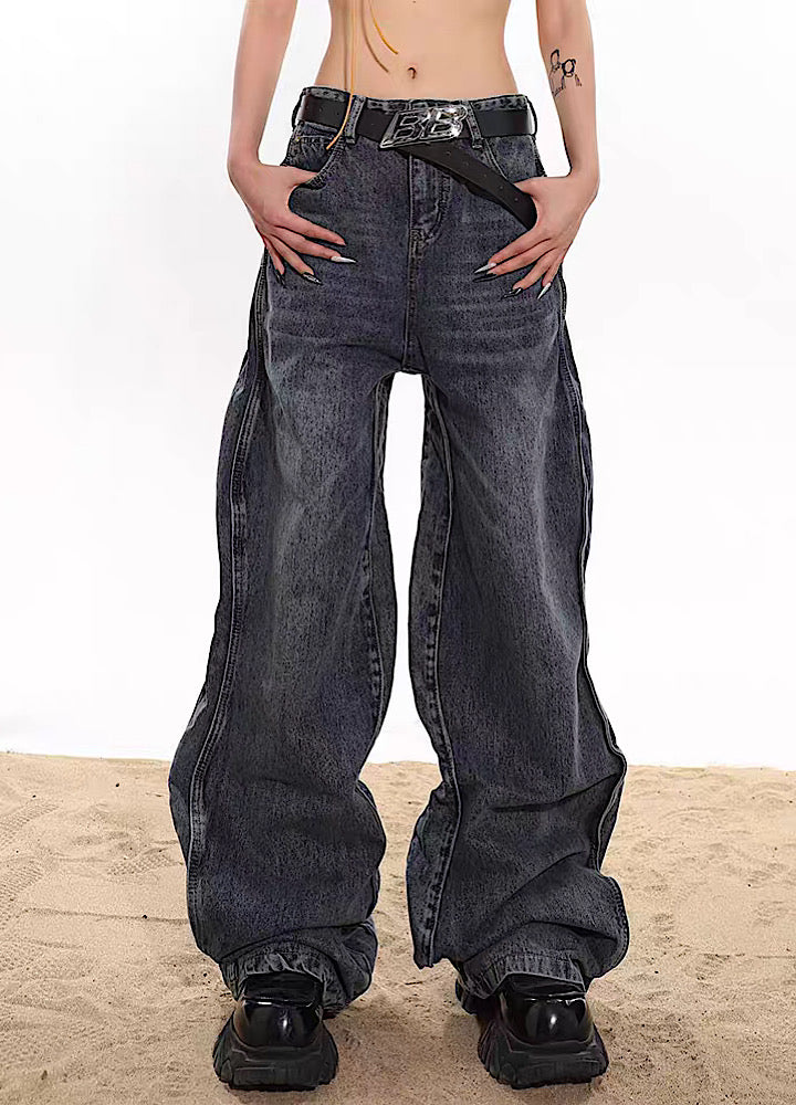 UNCMHISEX] Waving side line simple silhouette denim pants