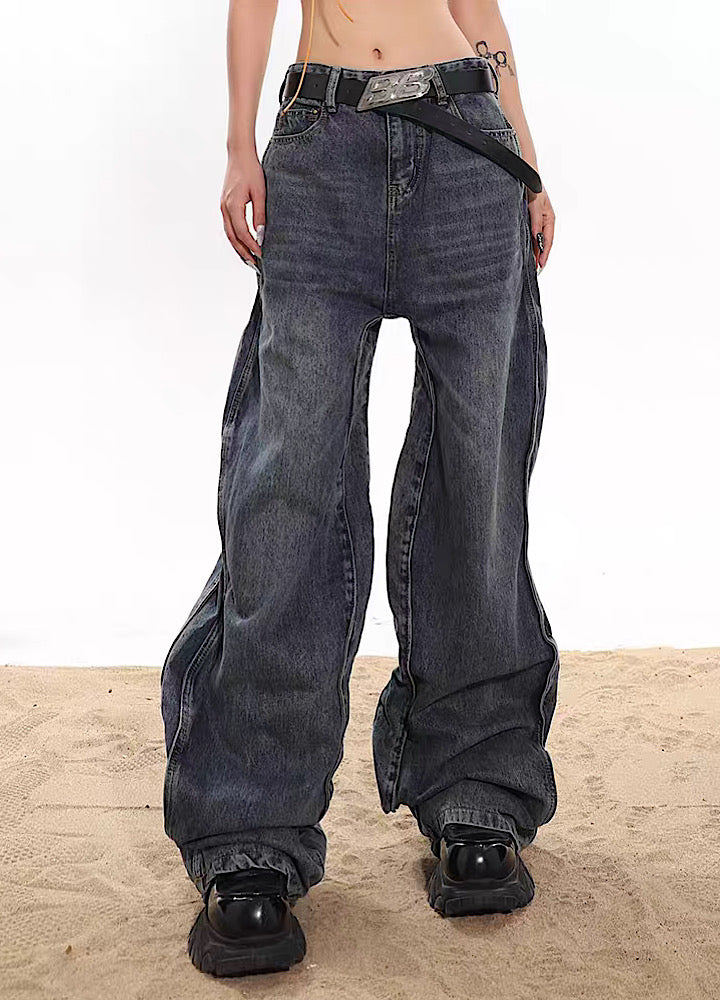 【MODERNIF】Semi-Wide Unbalanced Slit Denim Pants UNCMHISEX] Waving side line simple silhouette denim pants