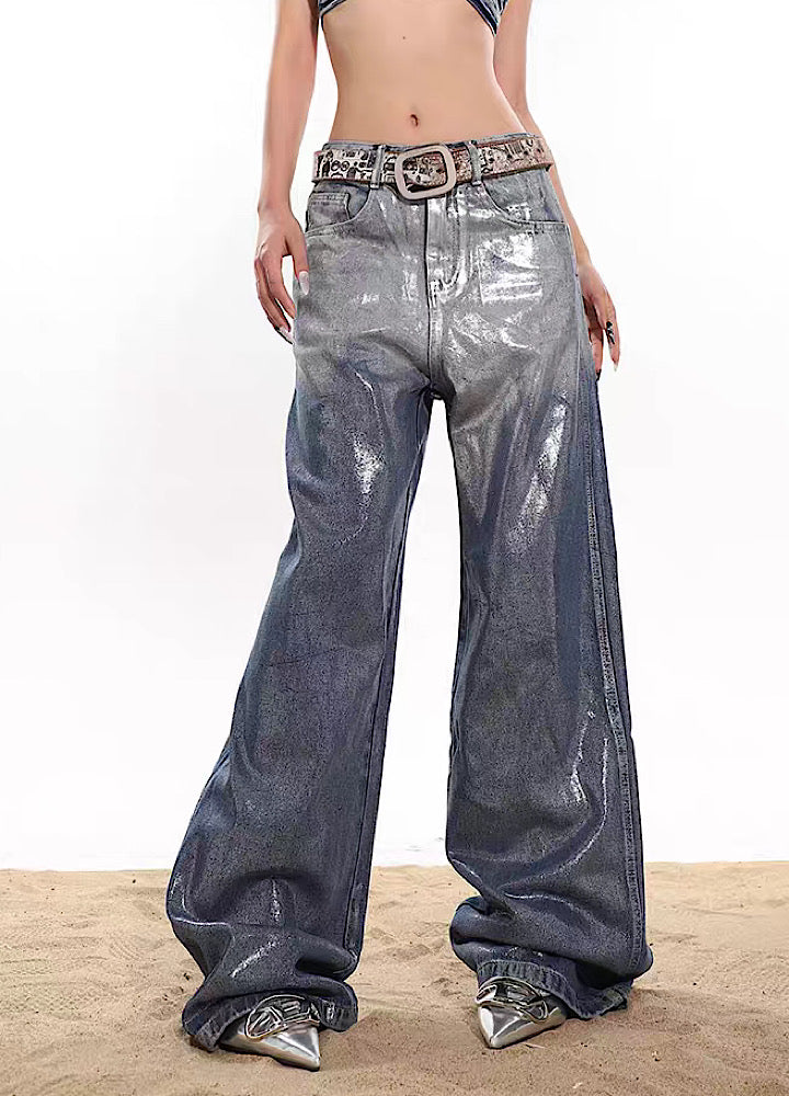 【UNCMHISEX】Ganan blue silver glittering gradation design denim pants  UX0018