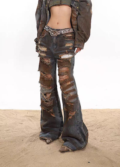 [UNCMHISEX] Full Buster Break Damaged Mud Style Denim Pants UX0019