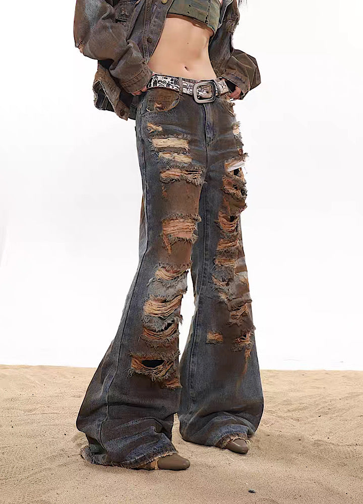 【UNCMHISEX】Full Buster Break Damaged Mud Style Denim Pants  UX0019