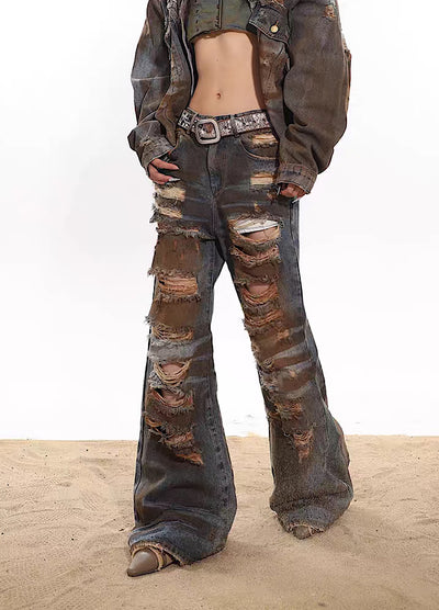 【UNCMHISEX】Full Buster Break Damaged Mud Style Denim Pants  UX0019