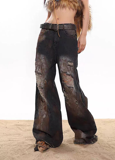 [UNCMHISEX] Mud style dirt design silhouette damaged over denim pants UX0020