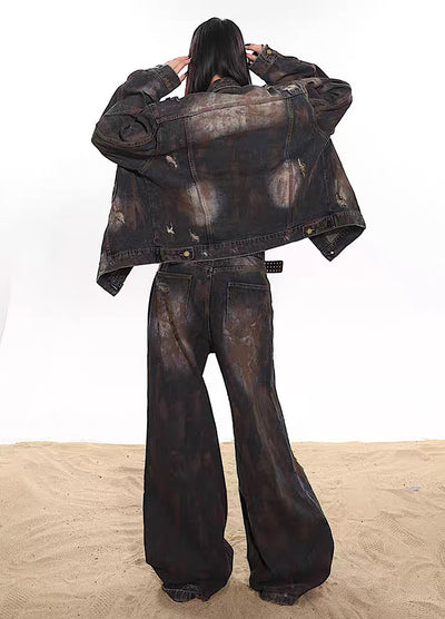 【UNCMHISEX】Mud style dirt design silhouette damaged over denim pants  UX0020