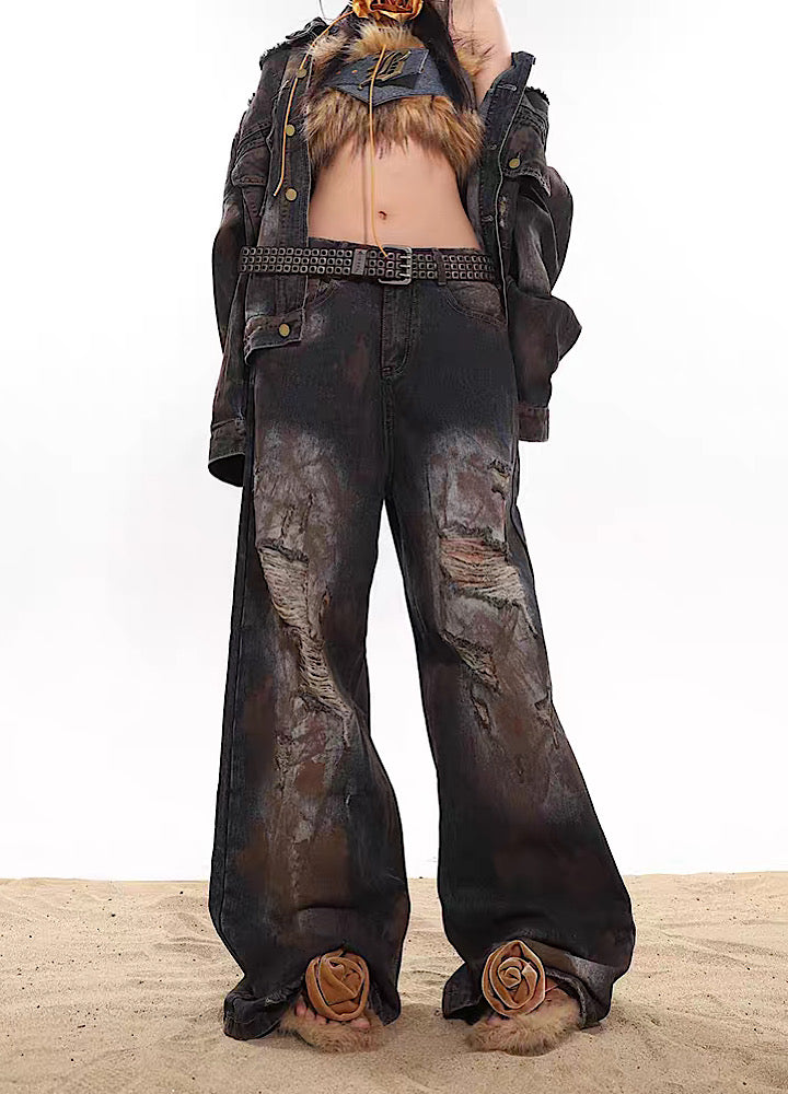 【UNCMHISEX】Mud style dirt design silhouette damaged over denim pants  UX0020