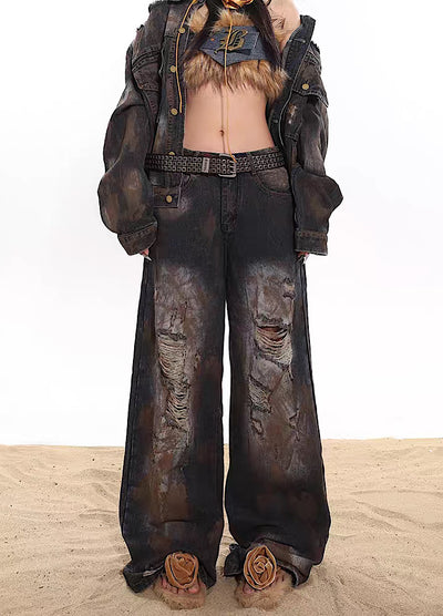 [UNCMHISEX] Mud style dirt design silhouette damaged over denim pants UX0020