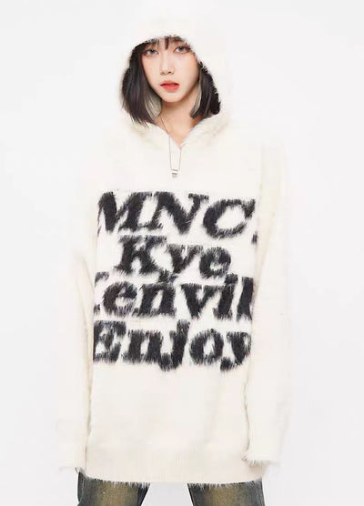 Front initial style monochrome knit hoodie HL3001