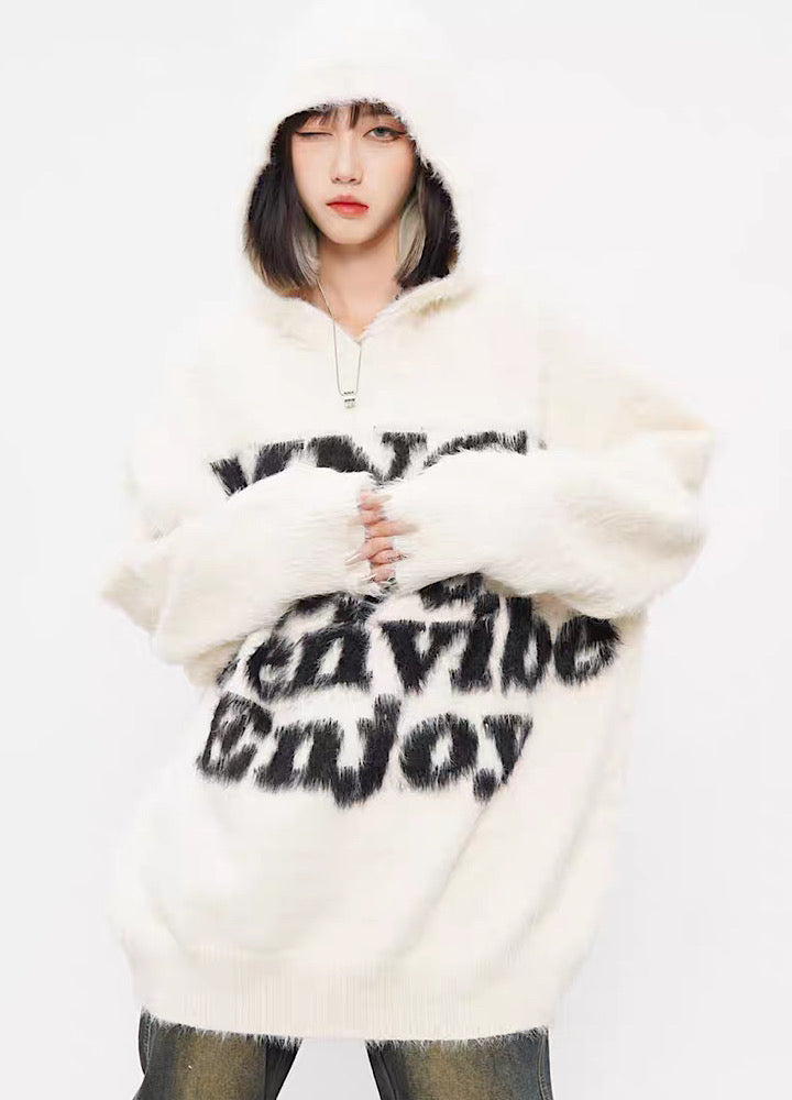 Front initial style monochrome knit hoodie  HL3001