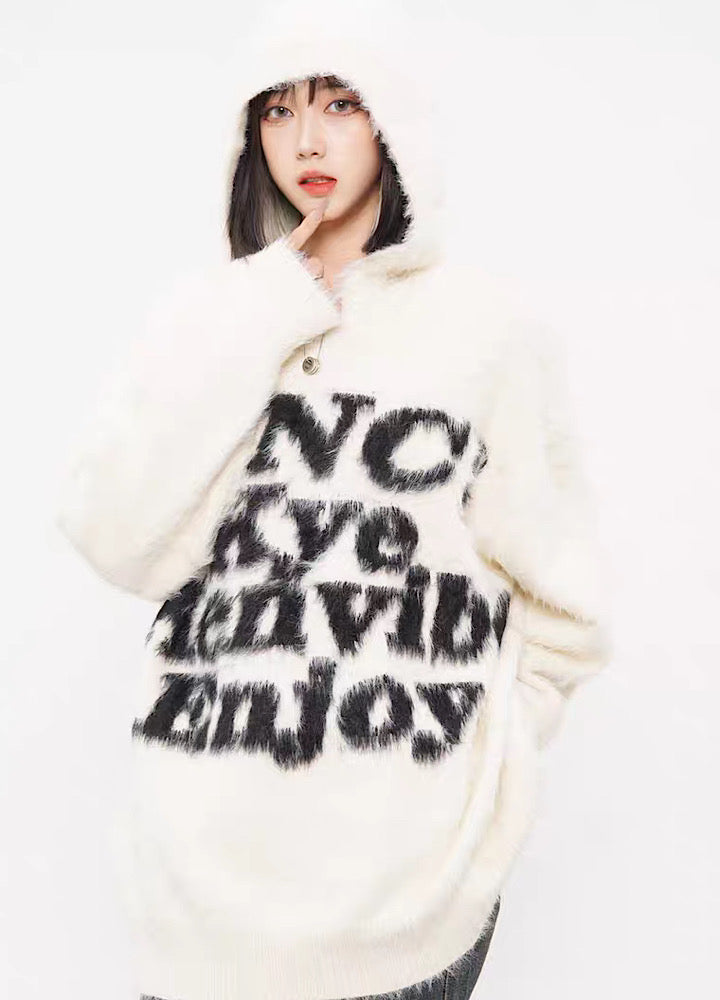 Front initial style monochrome knit hoodie  HL3001