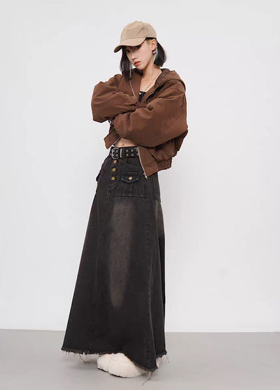 Dull washed vintage straight silhouette denim skirt  HL3002