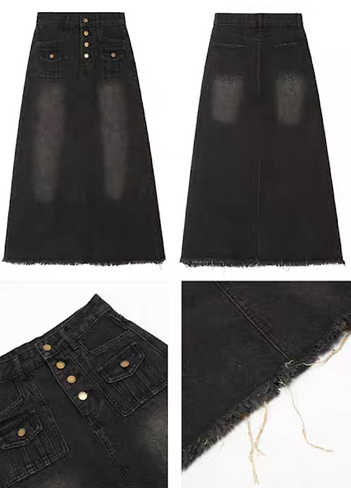 Dull washed vintage straight silhouette denim skirt  HL3002