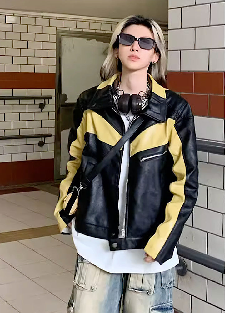 [YOBOPA] Black yellow leather design bee style jacket YP0009