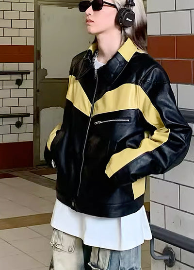 【YOBOPA】Black yellow leather design bee style jacket  YP0009