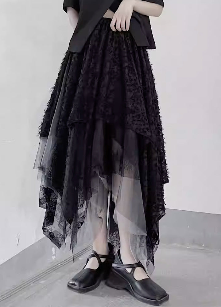 【Floating weed】Multiple Cloth Layered Asymmetrical Design Blacking Skirt FW0011