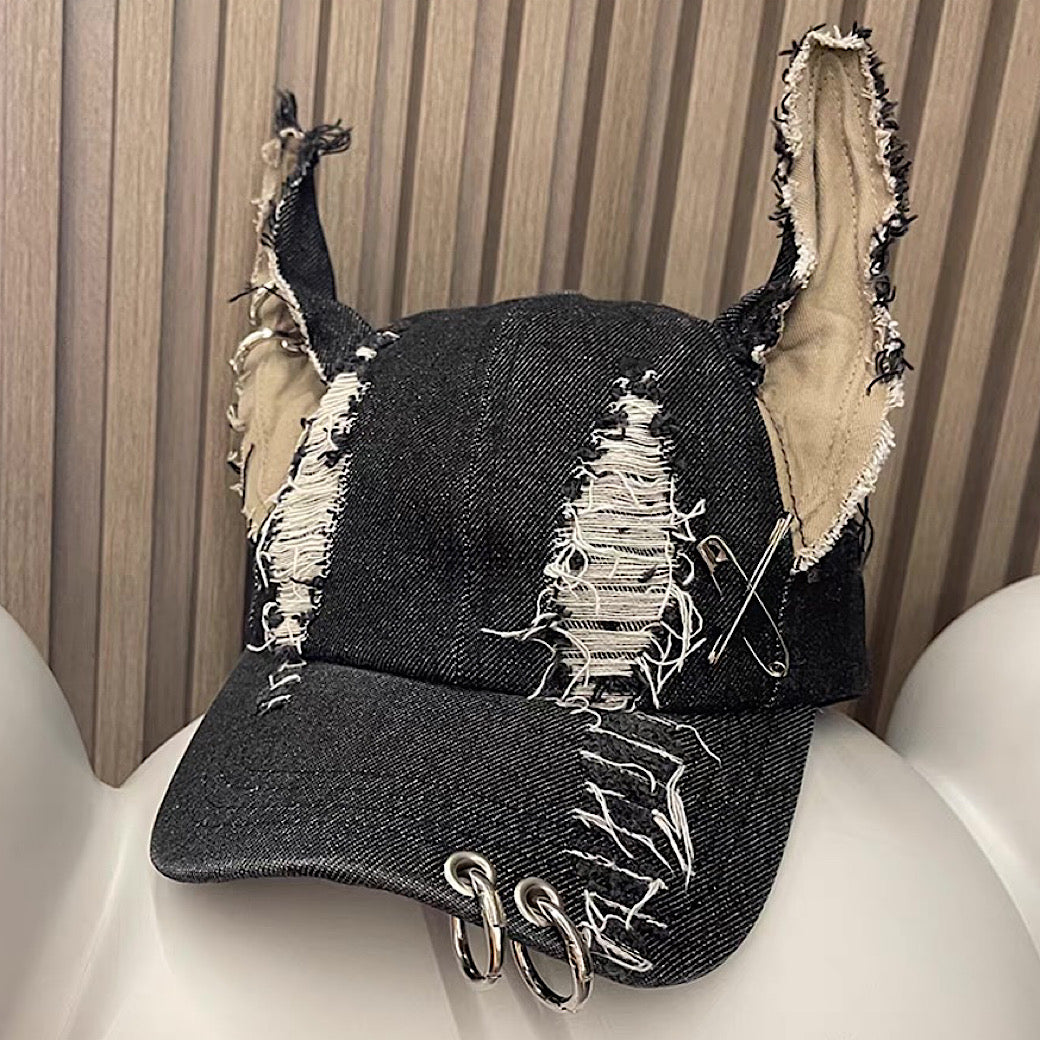 【8/8新作】Dog-style ear design distressed silver cap  HL3176