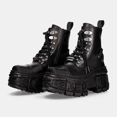 【8/8新作】Silver patchwork thick-soled basic black boots  HL3182