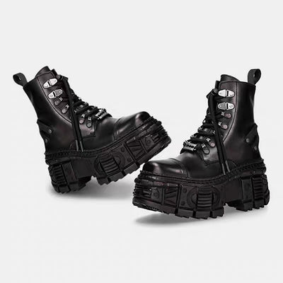 【8/8新作】Silver patchwork thick-soled basic black boots  HL3182