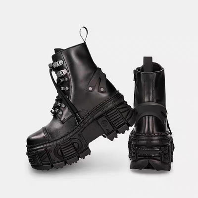 【8/8新作】Silver patchwork thick-soled basic black boots  HL3182