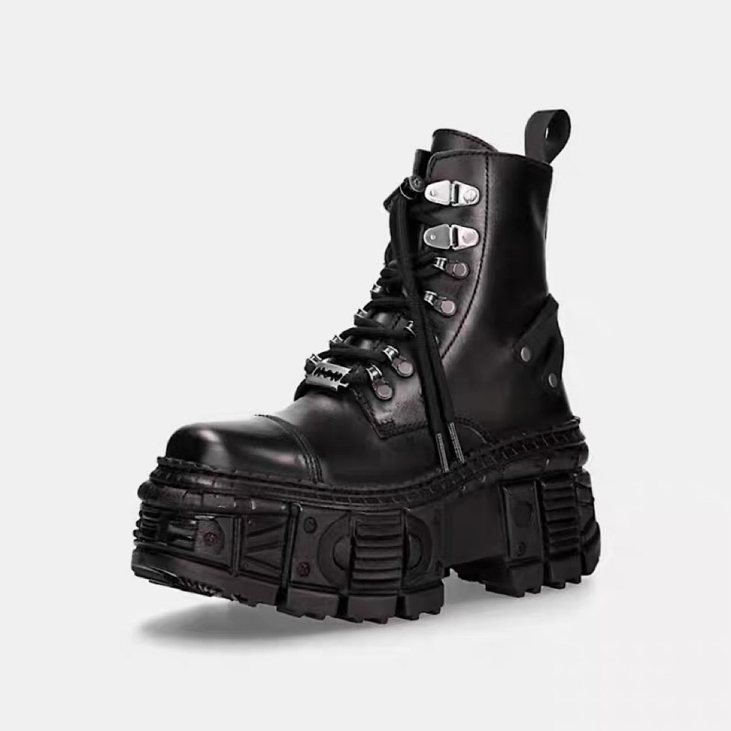 【8/8新作】Silver patchwork thick-soled basic black boots  HL3182