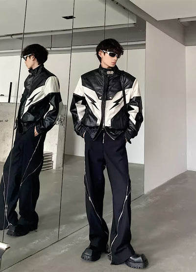 【MARTHENAUT】Monotone Color Thunder Design Leather Jacket  MH0015