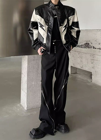 【MARTHENAUT】Monotone Color Thunder Design Leather Jacket  MH0015