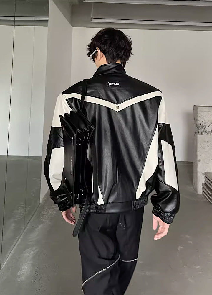 【MARTHENAUT】Monotone Color Thunder Design Leather Jacket  MH0015